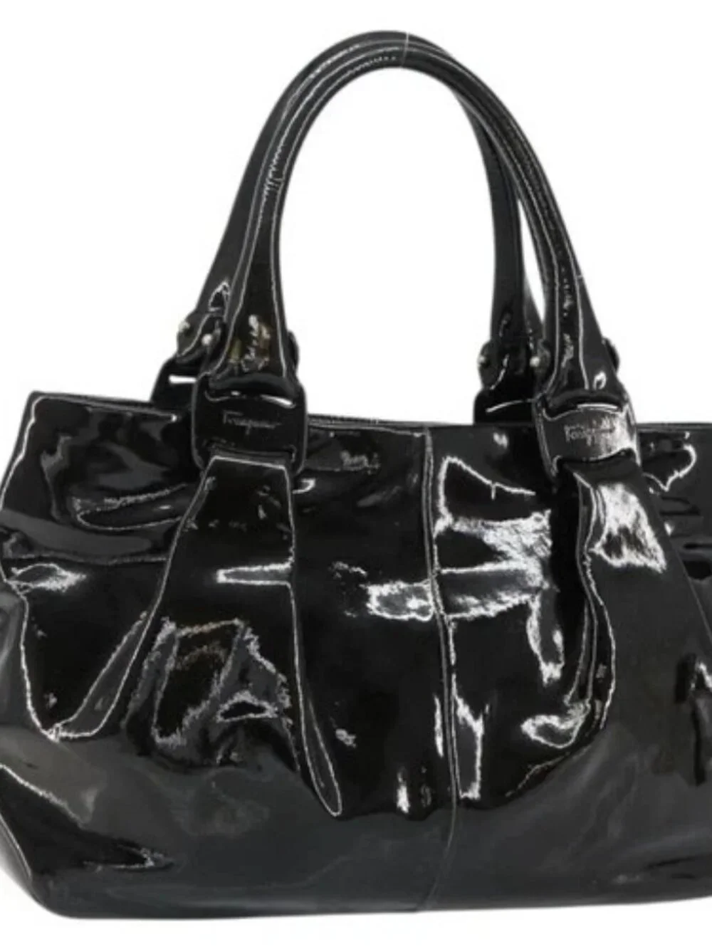 Salvatore Ferragamo Tote Bag Enamel Black Auth BA7665